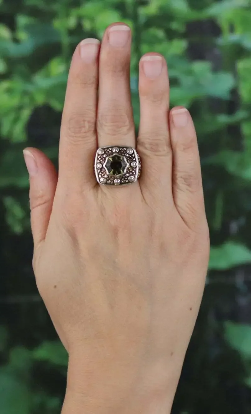 Sterling Silver Smoky Brown Cubic Zirconia Ring Chunky Bold Unique Size 6 1/2